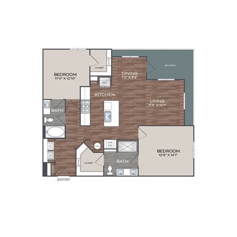 Floor plan for 2 beds, 2 baths, 1223 sqft